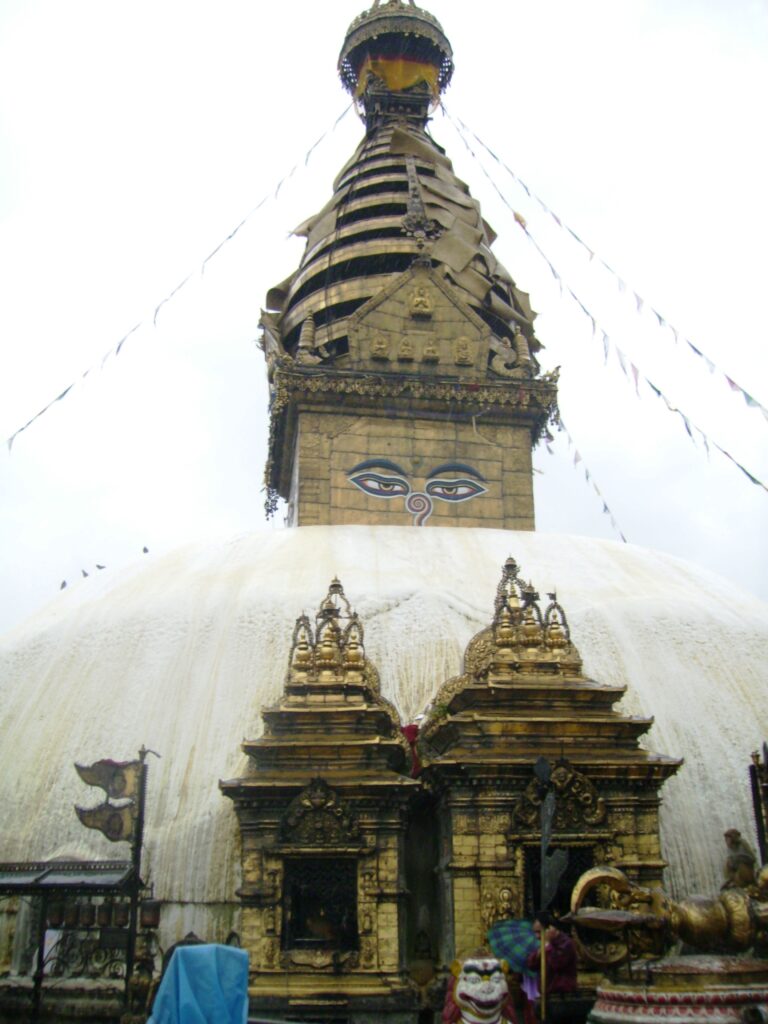 The main Swayambhunath stupa, with the eyes and nose of Buddha.