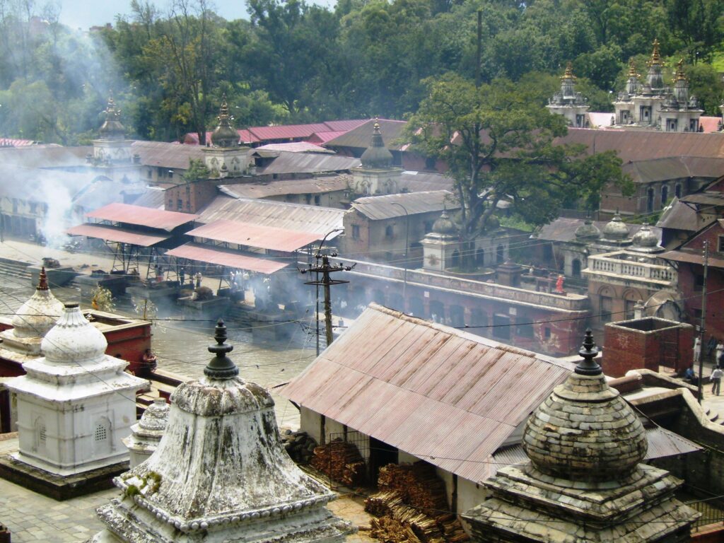 Cremation sites along the river in front of the Pashupatinath temple complex.